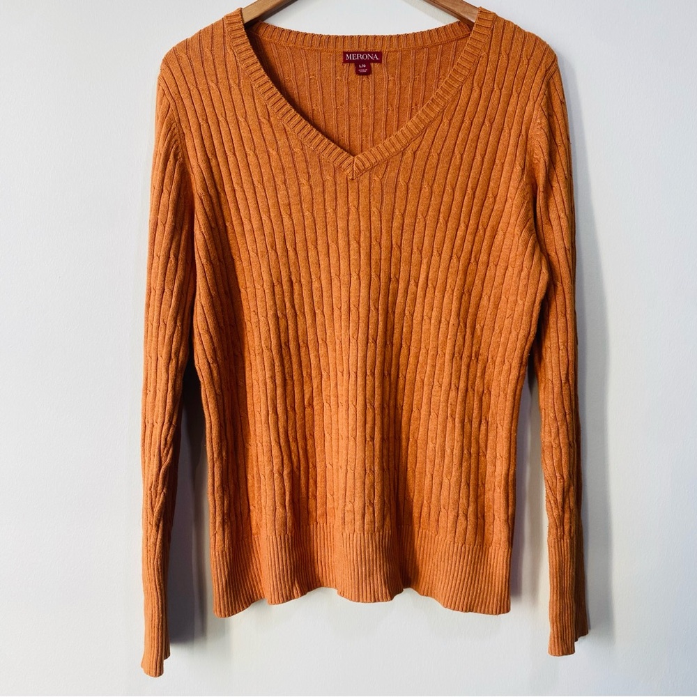Merona Women's Cable Knit V-Neck Sweater in Warm Orange